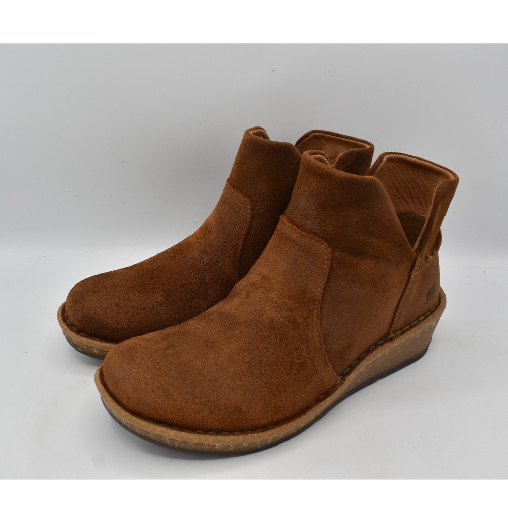 Born Women Size 8 Viv Brown Distressed Leather Zip Western Wedge Booties Boots - Picture 2 of 13